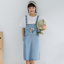 Countryside Style Mori Girl Fresh Garden Floral Embroidery Spaghetti Strap Dress Solid Color High Waist Preppy Style Denim Dress