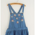 Countryside Style Mori Girl Fresh Garden Floral Embroidery Spaghetti Strap Dress Solid Color High Waist Preppy Style Denim Dress