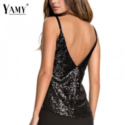 Cropped top women elegant shirts black sequined backless party sexy tank tops women blusas brand design plus size