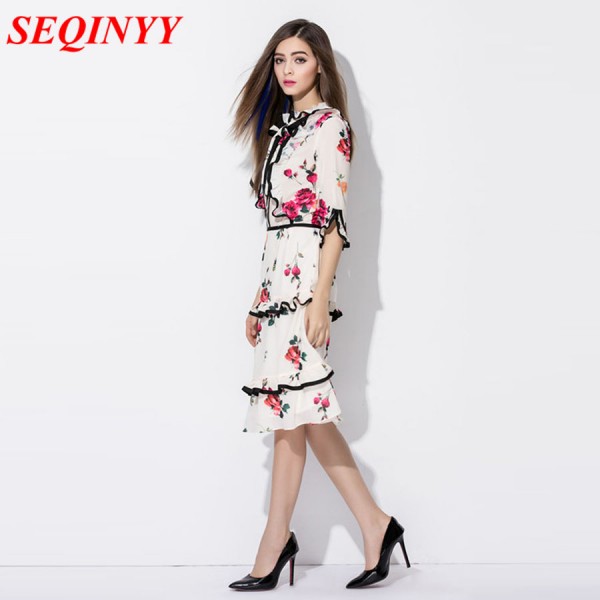Cute Dress 2017 Korea Fashion Half Sleeve White Flowers Print Princess Women Summer Novelty Slim Designer Classic Dress