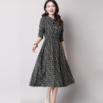 Cute Green Floral Dress Vintage Ladies Dresses Bohemian Style Autumn Winter Long Sleeves All Match New Fashion Long Sleeve Dress