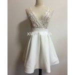 Cute Sexy Dress Vestido branco V-neck Backless Cross Straps Lace Patchwork Ball gown Dress White Pleated Mini Dress DR03378C