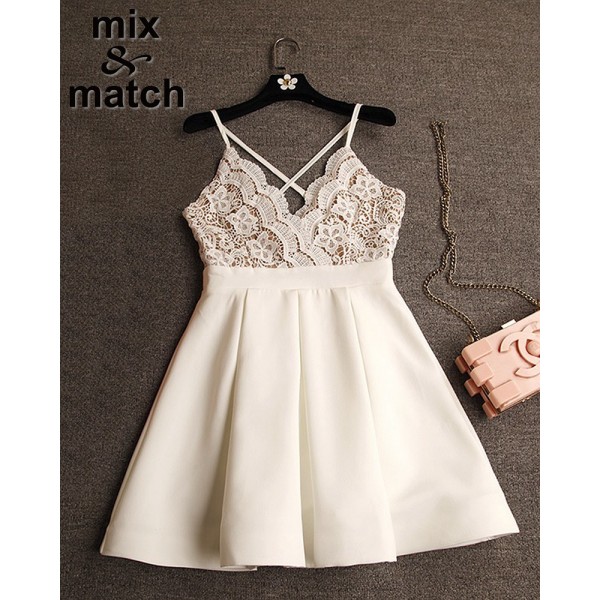 Cute Sexy Dress Vestido branco V-neck Backless Cross Straps Lace Patchwork Ball gown Dress White Pleated Mini Dress DR03378C