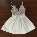 Cute Sexy Dress Vestido branco V-neck Backless Cross Straps Lace Patchwork Ball gown Dress White Pleated Mini Dress DR03378C