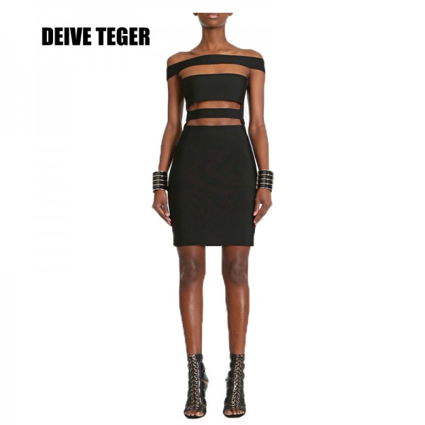 DEIVE TEGER  Hilary Rhoda pencil slash neck  black 100% sexy  bandage Club dress Party solid Dresses  HL1527