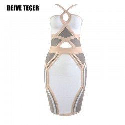 DEIVE TEGER Backless Slim Sexy Sleeveless Spaghetti Strap Patchwork Bandage Hollow Out V-Neck Club Dresses Vestidos HL1712
