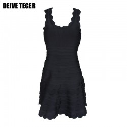 DEIVE TEGER Lace  Women's O-Neck Bandage Dress Stripped Colorful Celebrity Party Dresses  HL1199