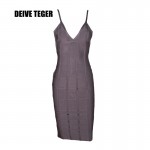 DEIVE TEGER gray women bandage dress V-Neck pencil lady backless Party solid Dresses knee-length  HL1853