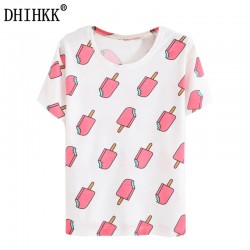 DHIHKK 2017 Newest Women Short Sleeve T shirt Crew Neck Casual Tee Ice Cream Printed Tops New Arrival 20 Models