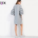 DIDK Fall 2016 Casual Dress Autumn Womens Knee Length Dress Grey Three Quarter Length Butterfly Sleeve Tee Dress