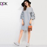 DIDK Fall 2016 Casual Dress Autumn Womens Knee Length Dress Grey Three Quarter Length Butterfly Sleeve Tee Dress