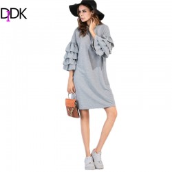 DIDK Fall 2016 Casual Dress Autumn Womens Knee Length Dress Grey Three Quarter Length Butterfly Sleeve Tee Dress
