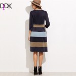 DIDK Women Casual Dresses Autumn Clothing Deep V Neck Three Quarter Length Sleeve Color Block Knee Length A-Line Dress