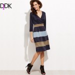 DIDK Women Casual Dresses Autumn Clothing Deep V Neck Three Quarter Length Sleeve Color Block Knee Length A-Line Dress