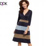 DIDK Women Casual Dresses Autumn Clothing Deep V Neck Three Quarter Length Sleeve Color Block Knee Length A-Line Dress