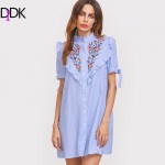 DIDK Women Summer Dress Ladies Short Sleeve Shift Dress Blue Striped Ruffle Trim Tie Sleeve Embroidered Shirt Dress