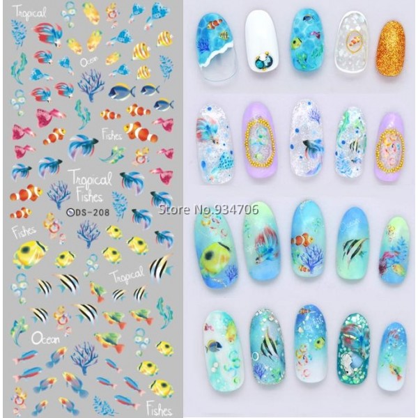 DS208 DIY Nail Design Water Transfer Nails Art Sticker Color Ocean Fishes Nail Wraps Sticker Watermark Fingernails Decals