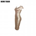 DWIVE TEGER sexy dignity stacked Golden wood grain foil print pencil Women bandage dress Party Vestidos bandage robe HL1426
