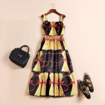 Daily Dress Fashion Women's Elegant 2017 Summer New Sheath Flowers Bow Colorful Printed A-line Black Midi Sicily Dress