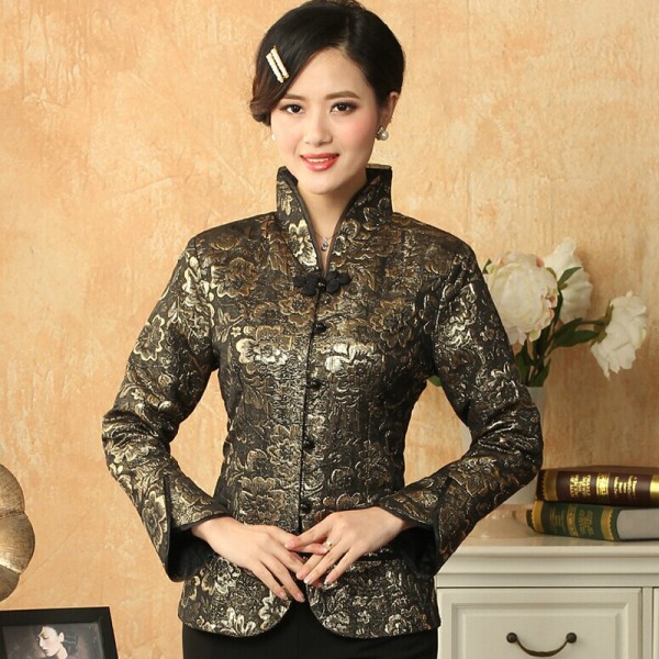 Dark Green Autumn Winter New Women Jacket Chinese Style Satin Coat Flower Tang Suit Top Female Overcoat S M L XL XXL XXXL M-21