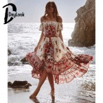 DayLook Bohemia Style Summer Dress Off Shoulder Chic Vintage Floral Print Elegant Maxi Dress Women Asymmetrical Pleated Vestido