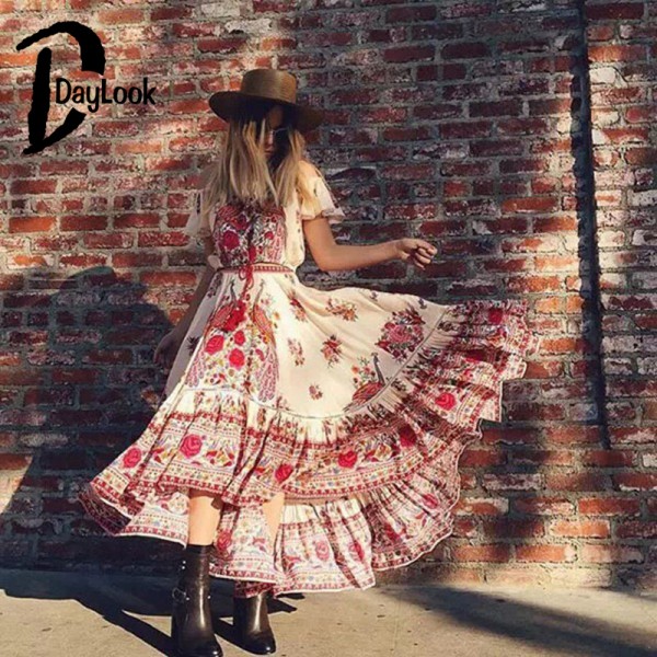 DayLook Bohemia Style Summer Dress Off Shoulder Chic Vintage Floral Print Elegant Maxi Dress Women Asymmetrical Pleated Vestido