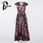 DayLook Bohemia Style Summer Dress Sexy V Neck Chic Vintage Floral Print Elegant Maxi Dress Women Asymmetrical Pleated Vestido