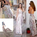 DayLook Sexy Summer Women Maxi Dress Sakura Floral Print Spaghetti Strap V-neck Backless Chiffon Beach Dress Vestidos Femininas