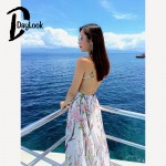 DayLook Sexy Summer Women Maxi Dress Sakura Floral Print Spaghetti Strap V-neck Backless Chiffon Beach Dress Vestidos Femininas