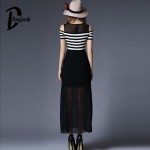 Daylook Women Stripe Sheer Panel Cold Shoulder Slit Bottom Dress Lady Short Sleeve Layered Chiffon Maxi Dresses Summer Style