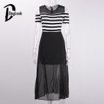 Daylook Women Stripe Sheer Panel Cold Shoulder Slit Bottom Dress Lady Short Sleeve Layered Chiffon Maxi Dresses Summer Style