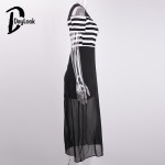 Daylook Women Stripe Sheer Panel Cold Shoulder Slit Bottom Dress Lady Short Sleeve Layered Chiffon Maxi Dresses Summer Style