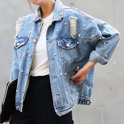 Denim Jacket Women Thin Rhinestone Pearl Beaded Denim Ladies Elegant Vintage Hole Jacket Coat  Casacos Feminino