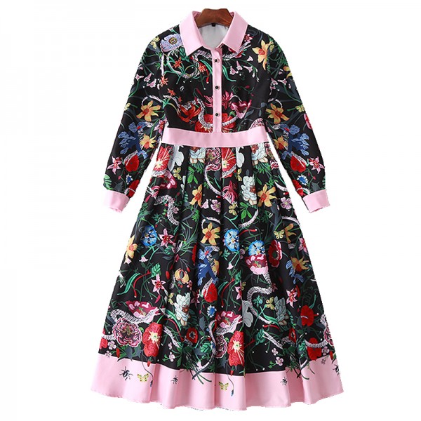 Designer Runway Dress 2017 High Quality Women Long Sleeve Turn-down Collar Gorgeous Floral Printed Dresses Vestidos SAD289 