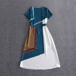 Designer Runway Dress High Quality 2017 Spring Summer Women Short Sleeve O-Neck Block Color Side Split Belt Dress SAD360