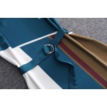 Designer Runway Dress High Quality 2017 Spring Summer Women Short Sleeve O-Neck Block Color Side Split Belt Dress SAD360