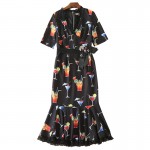Designer Runway Dress High Quality 2017 Women Short Sleeve Lace V-Neck Back Crystal Button Beading  Printed Mermaid Dress SAD206