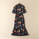 Designer Runway Dress High Quality 2017 Women Short Sleeve Lace V-Neck Back Crystal Button Beading  Printed Mermaid Dress SAD206