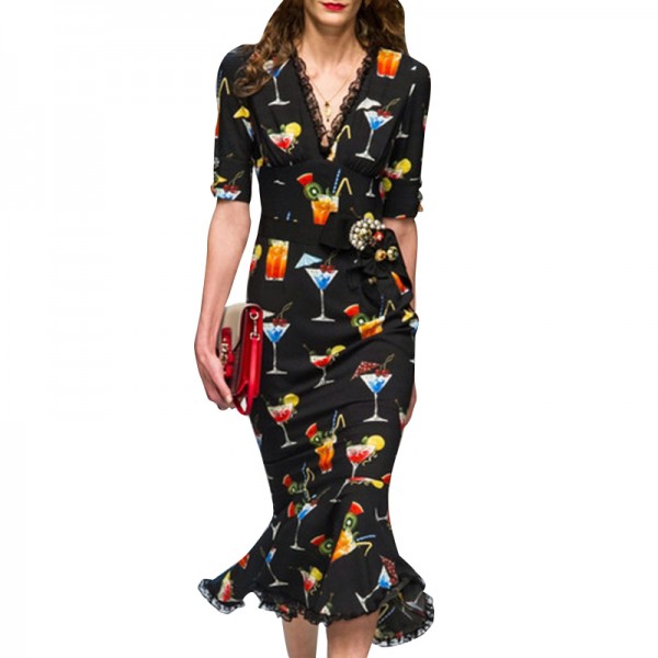 Designer Runway Dress High Quality 2017 Women Short Sleeve Lace V-Neck Back Crystal Button Beading  Printed Mermaid Dress SAD206