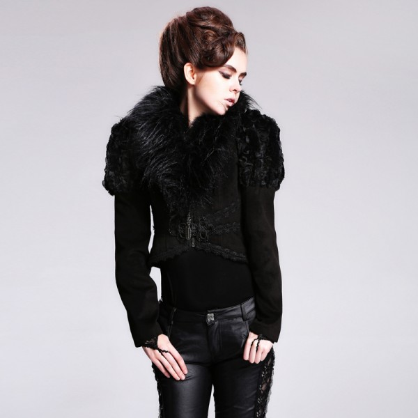 Devil Fashion Swallow Tail Corseted Gothic Short Jacket Long Sleeve Alternative Coat for Women Warm Jacket with Faux Fur Collar