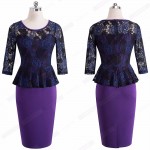 Dignified Women Vintage Belted Floral Lace Peplum Dress Elegant Round Neck Pinup Wear To Work Bodycon Pencil Dress EB360