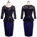 Dignified Women Vintage Belted Floral Lace Peplum Dress Elegant Round Neck Pinup Wear To Work Bodycon Pencil Dress EB360