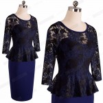 Dignified Women Vintage Belted Floral Lace Peplum Dress Elegant Round Neck Pinup Wear To Work Bodycon Pencil Dress EB360