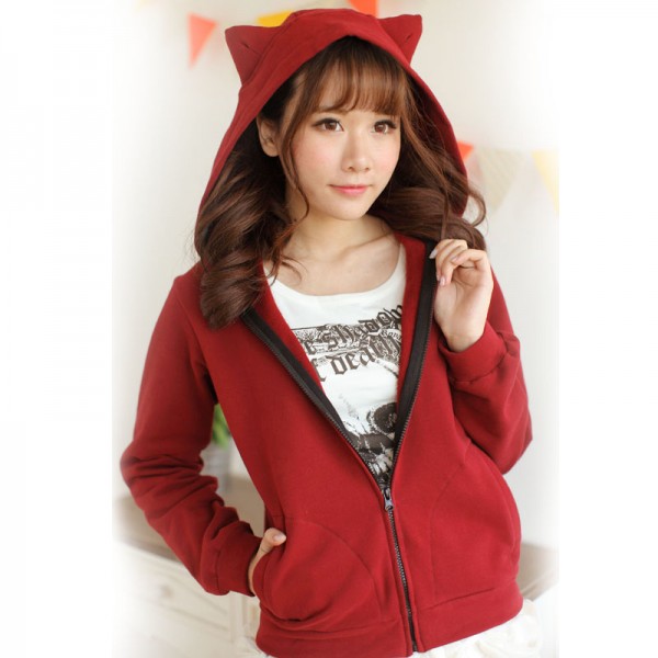 Dolly Delly Japanese Harajuku Black/Burgundy Red Daily Sweet Casual Cat Ear Hooded Fleece Sweatshirt for Girl