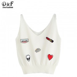 Dotfashion 2016 Summer Style Clothing Woman's Casual Tank Top  White Applique V Neck Sleeveless Fashion Tank
