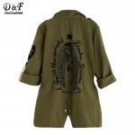 Dotfashion Army Green Printed Back Drawstring Waist Utility Outerwear Women Lapel Long Sleeve Pockets Coat