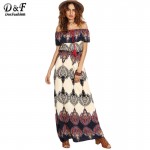 Dotfashion Bohemian Style Maxi Dress Beach Dress Summer Boho Dress Multicolor Print Off The Shoulder Ruffle Maxi Dress 