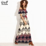 Dotfashion Bohemian Style Maxi Dress Beach Dress Summer Boho Dress Multicolor Print Off The Shoulder Ruffle Maxi Dress 