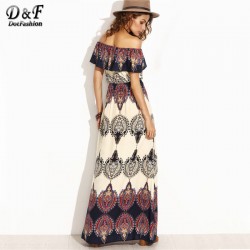 Dotfashion Bohemian Style Maxi Dress Beach Dress Summer Boho Dress Multicolor Print Off The Shoulder Ruffle Maxi Dress 
