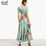 Dotfashion Casual Boho Dresses for Womens Dresses New Arrival Long Dresses Print In Green Short Sleeve Vintage Long Dress 